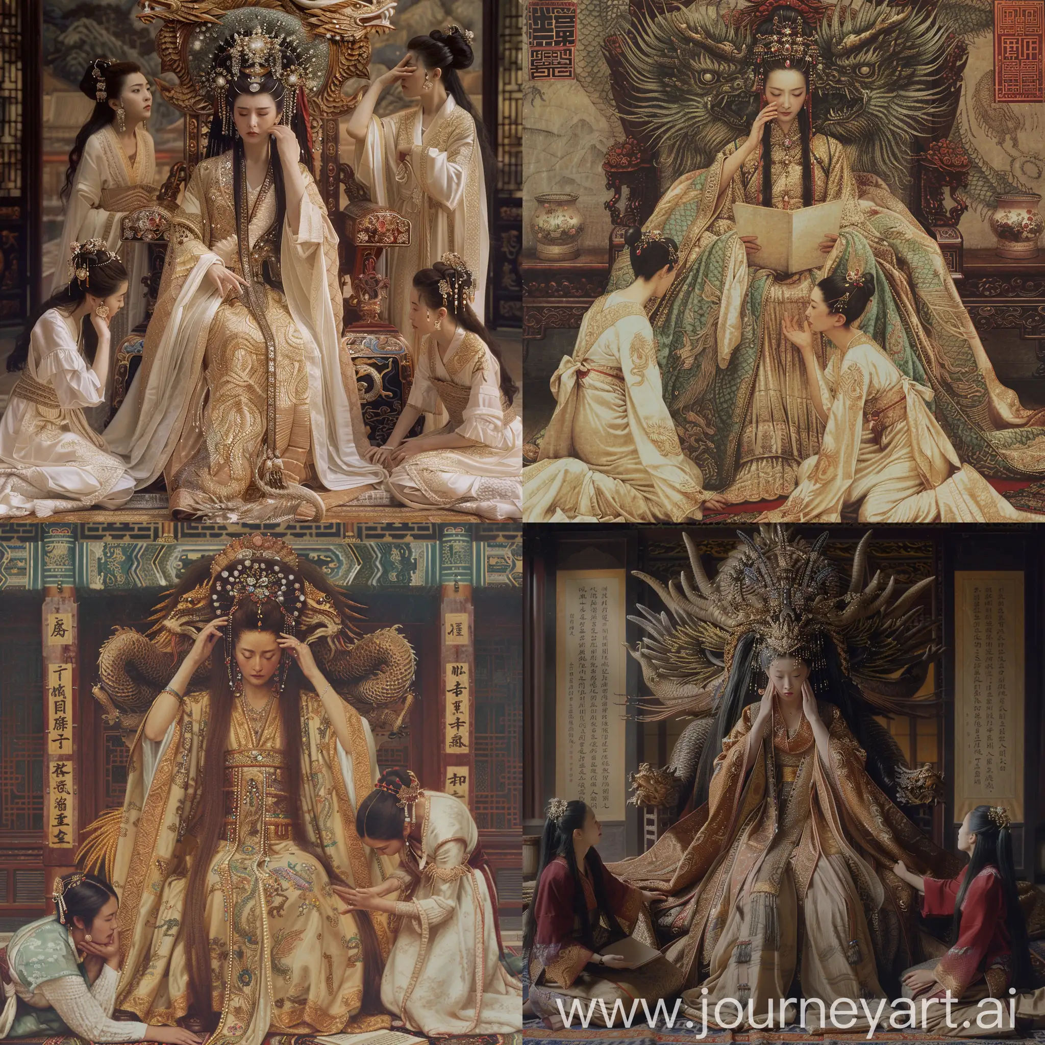 Empress-Wu-Zetian-Reading-Royal-Memorials-on-Dragon-Throne