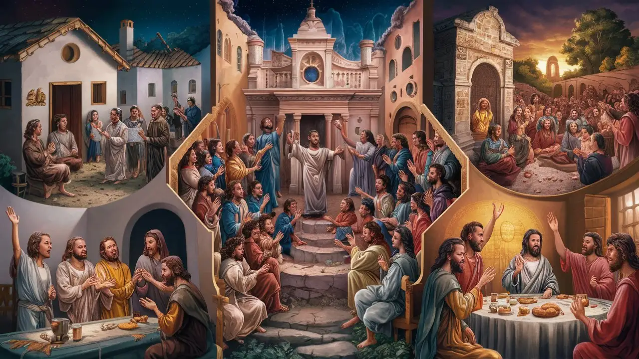 Create an image illustrating scenes of vibrant worship and celebration within the early Christian Church, with believers gathered together in homes, synagogues, and other gathering places to praise God, pray, and partake in the Lord's Supper. The scene conveys a sense of joy and reverence as believers express their devotion to Jesus Christ through music, song, and prayer.