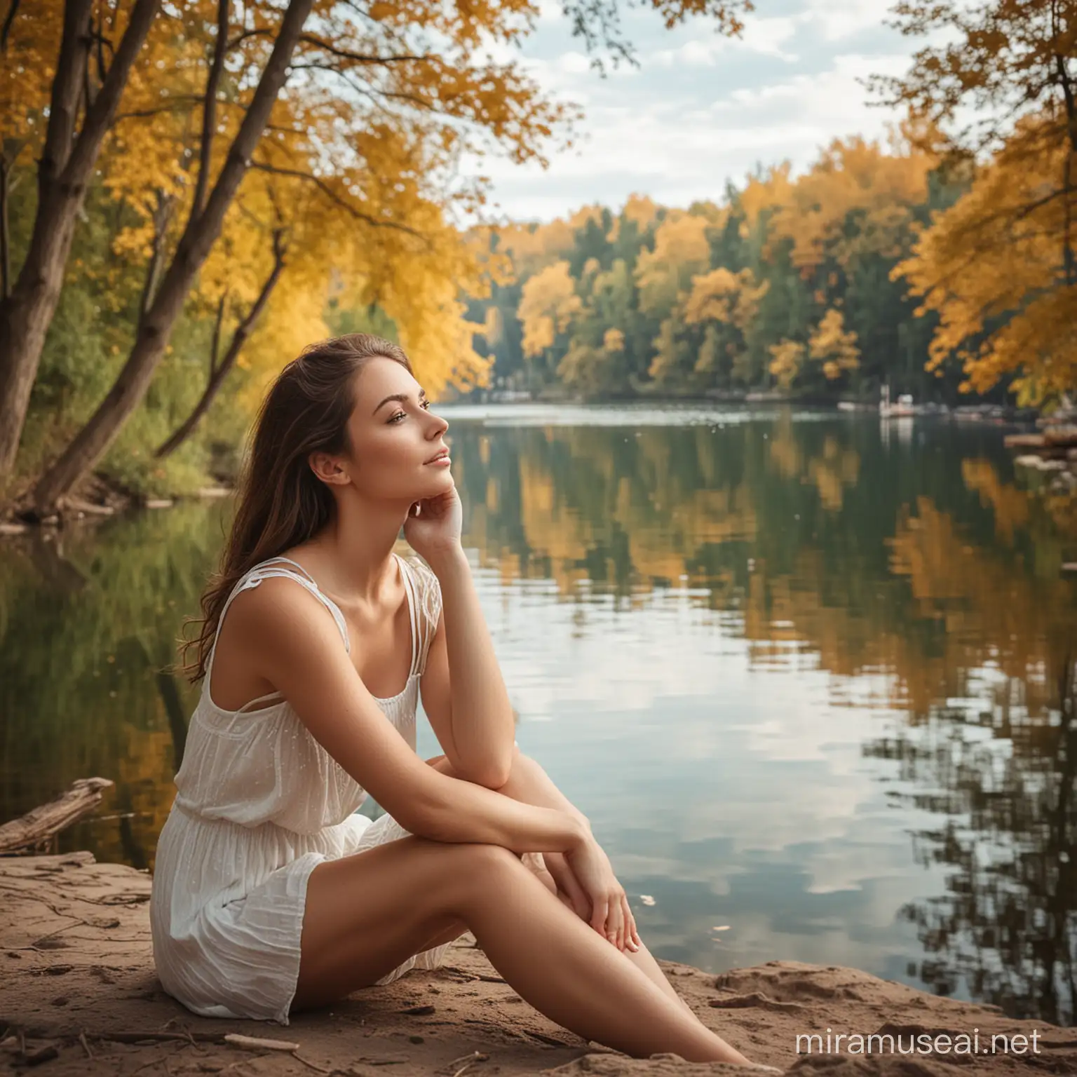 Dreamy Woman Relaxing by the Lakeside
