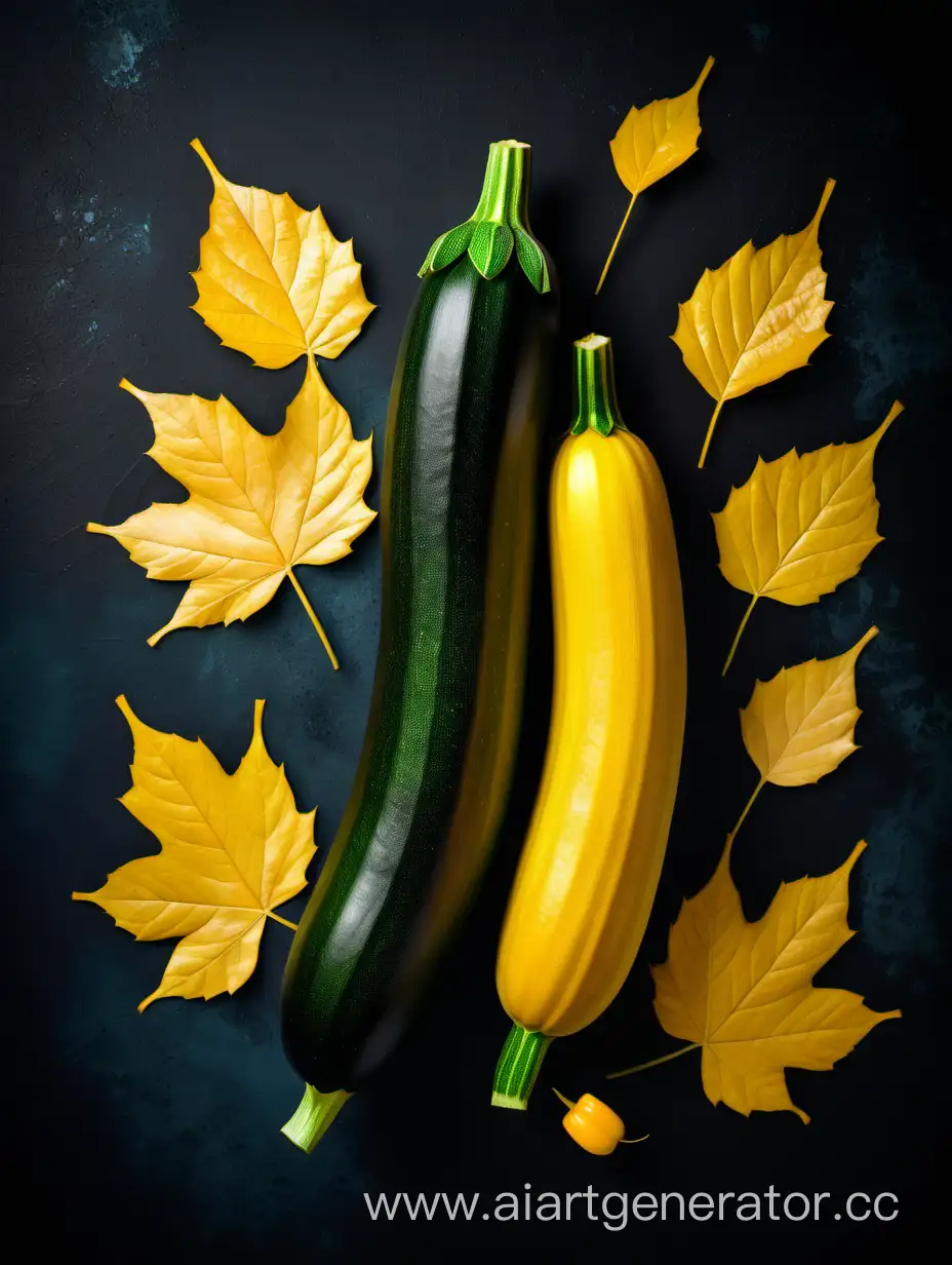 Zucchini with yellow leaves on dark golden background 