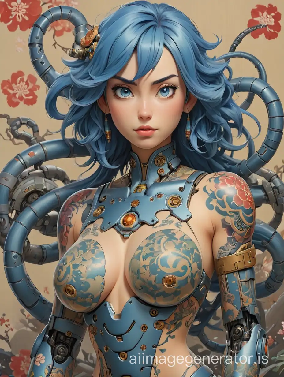 Naked ,Tattooed beautiful, large Breasted, large
areola, blue haired human cyborg (robot
arms)woman, Robotic arms., in ukiyo-e art style,
traditional japanese masterpiece, (anthro:0.1)
