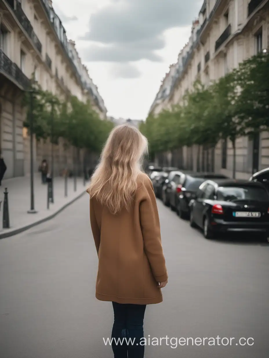Девушка стоит в парижском районе. Задом, светлые волосы