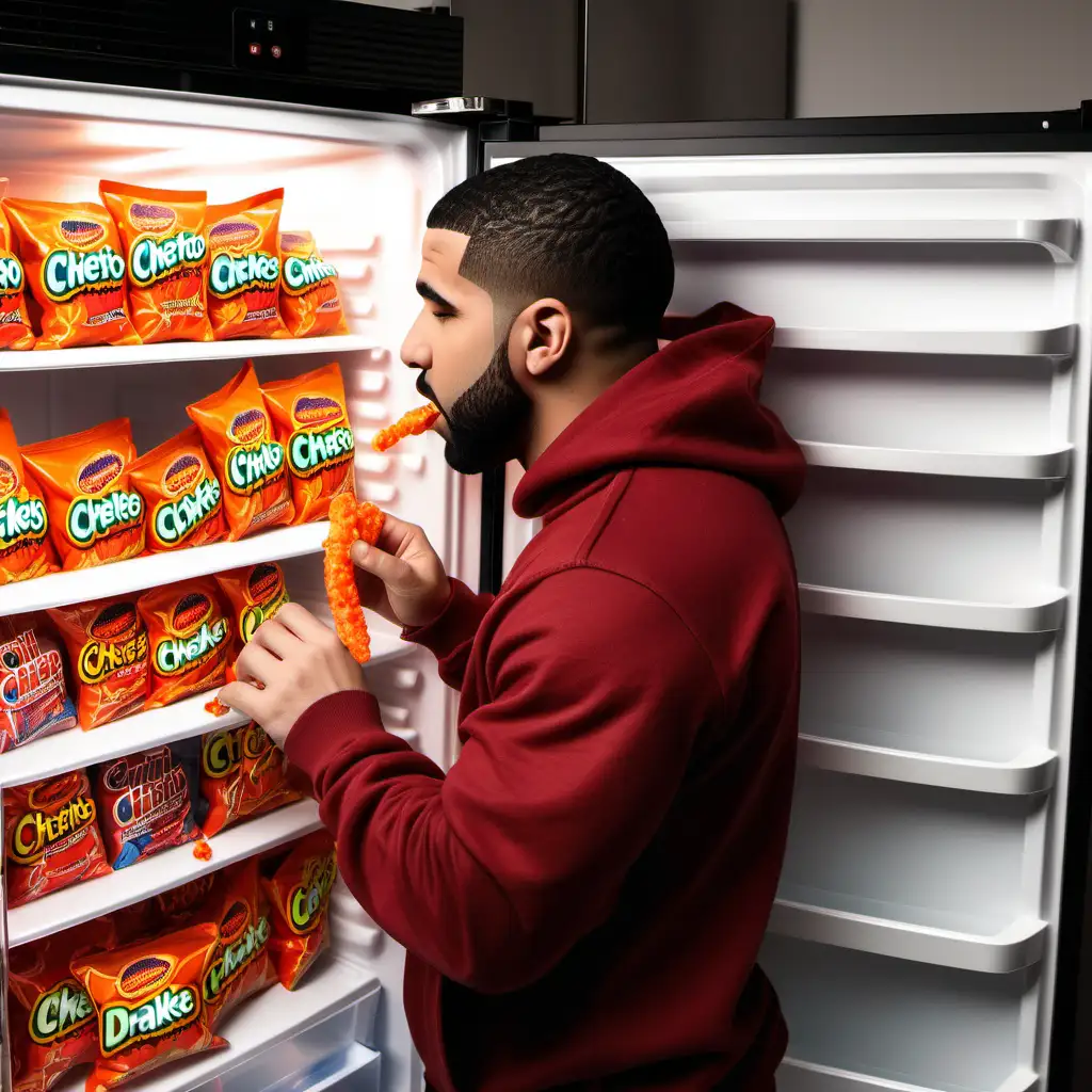 create a pictue of drake putting hot cheetos in a fridge to cool them down