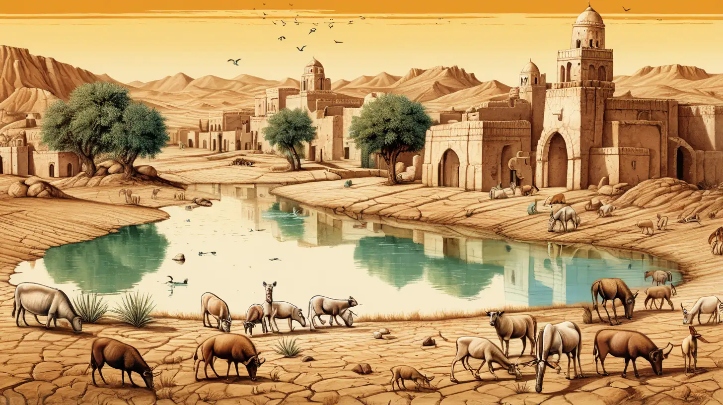 An ancient city in the center of which a lake is drying up, as a result of a severe drought, the heat is scorching, the earth is cracked, the plants are withered, the animals are thirsty, the inhabitants seem to be suffering from despair, without hope. Compared to a drop of water, this wide and pastoral scene, rendered in a richly colored pop art style, conveys beautifully the The hard feeling in the year of drought and its results