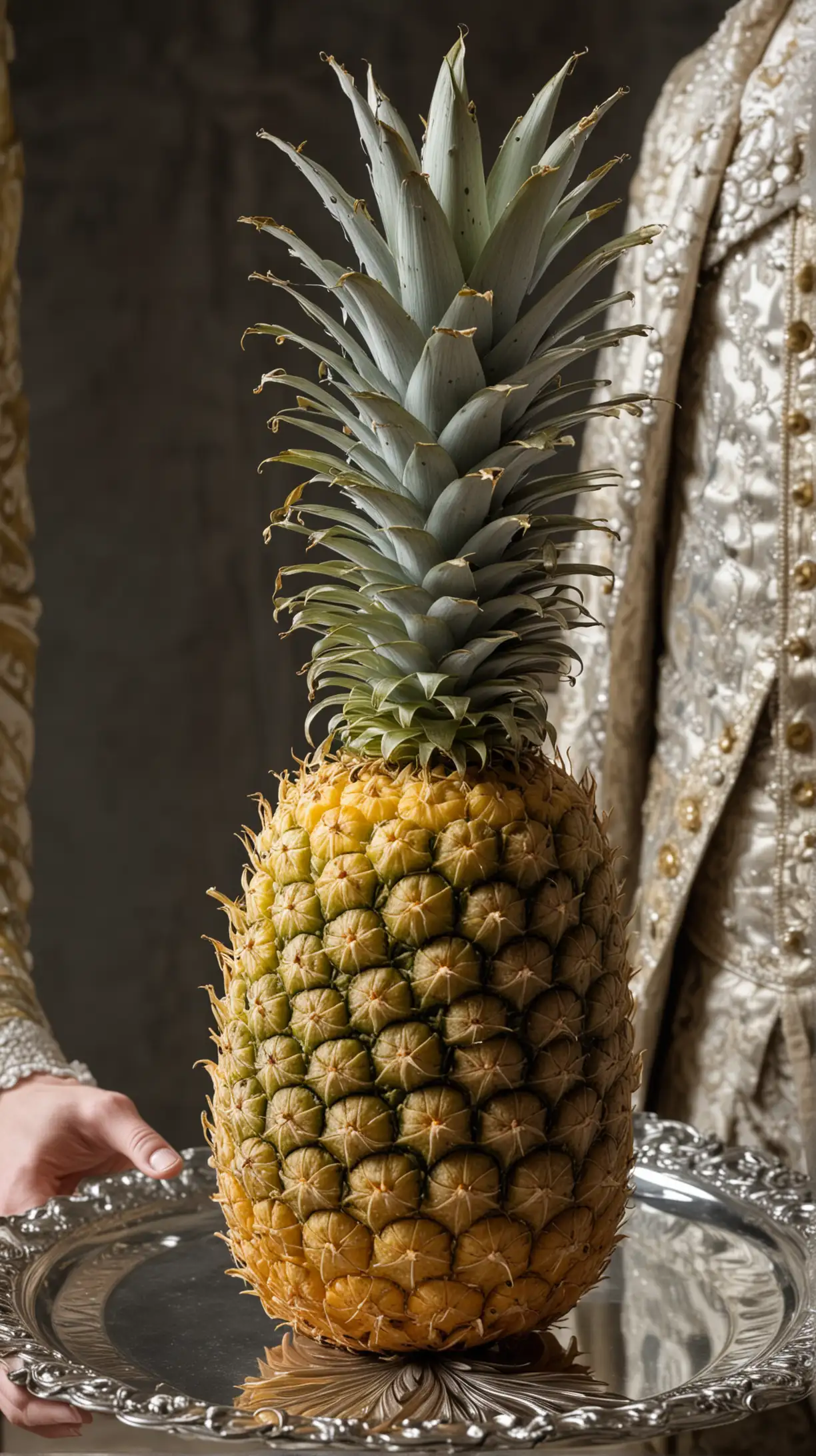 Close-up of a pineapple being presented on a silver platter to a wealthy 18th-century English lord and lady.