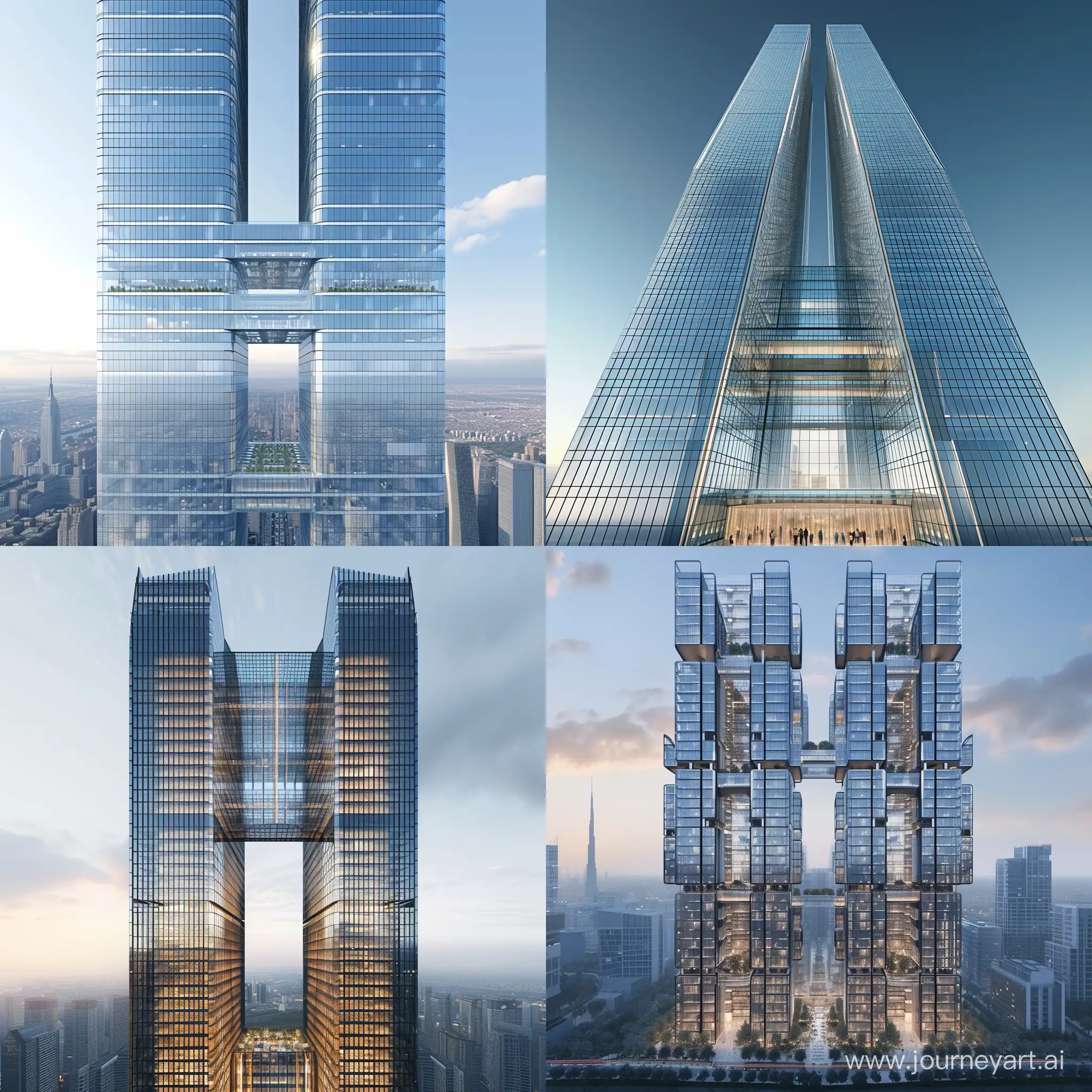 A 200-storey skyscraper divided into twin towers joined by a glass corridor and the facade is made of glass.