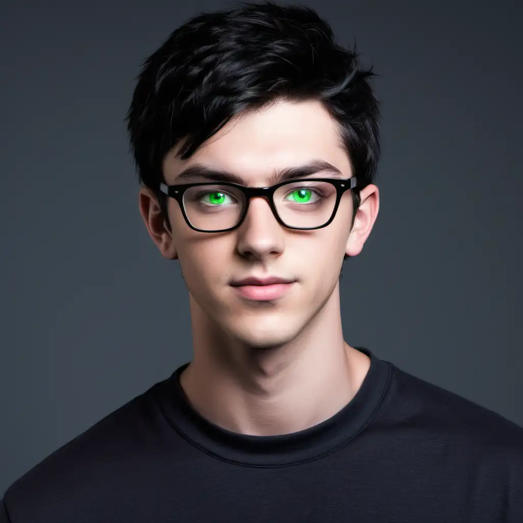 Male. Short black hair. 18. Geeky but extremely handsome.  Light green eyes. Tall athletic build. Wears glasses. 