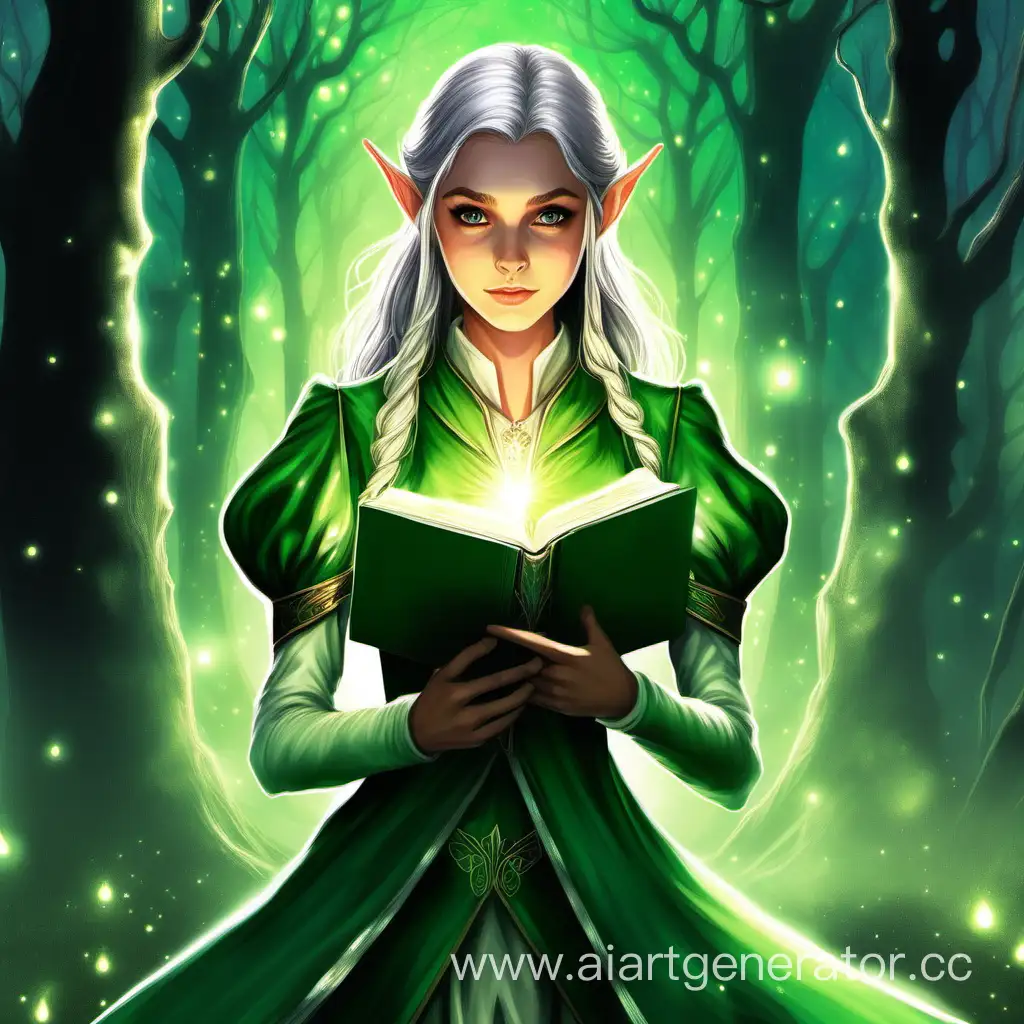 На переднем плане нашего изображения находится молодая эльфийка, возраст которой составляет приблизительно 15-18 лет. Она стоит во весь свой высокий рост, облаченная в изящное, но плотное одеяние. 
В руках наша героиня держит магическую книгу, излучающую мягкое зелёное свечение. 