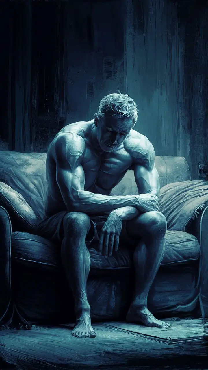 Imagine a hyper-realistic illustration of a man feeling super low on testosterone and feeling very weak in a saddened state as if he lost muscle mass.