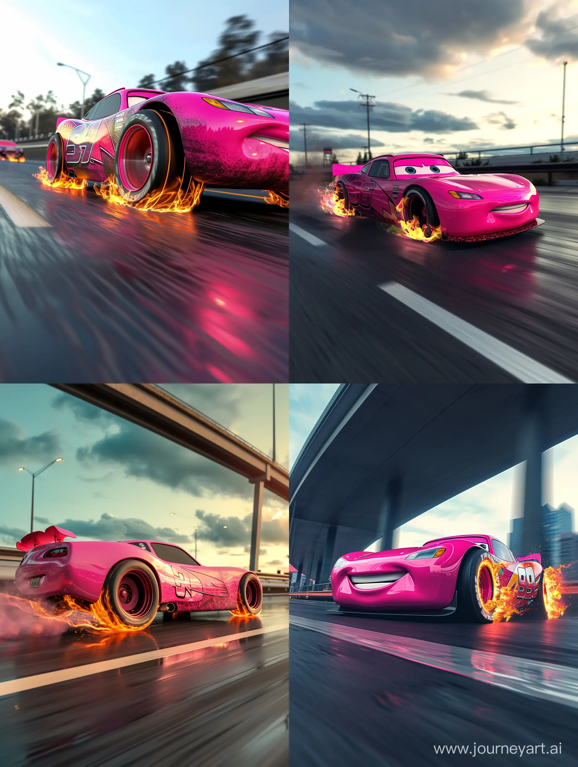 Spawn pink Lightning McQueen running in highway with fire in tyres.8k, cinematic