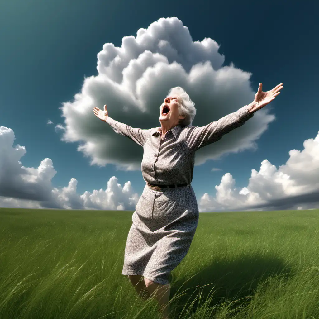 Photorealistic. Landscape photo. Old white woman in a grass field. She is looking up and yelling at the sky. There is one cloud in the sky. Aerial shot. 