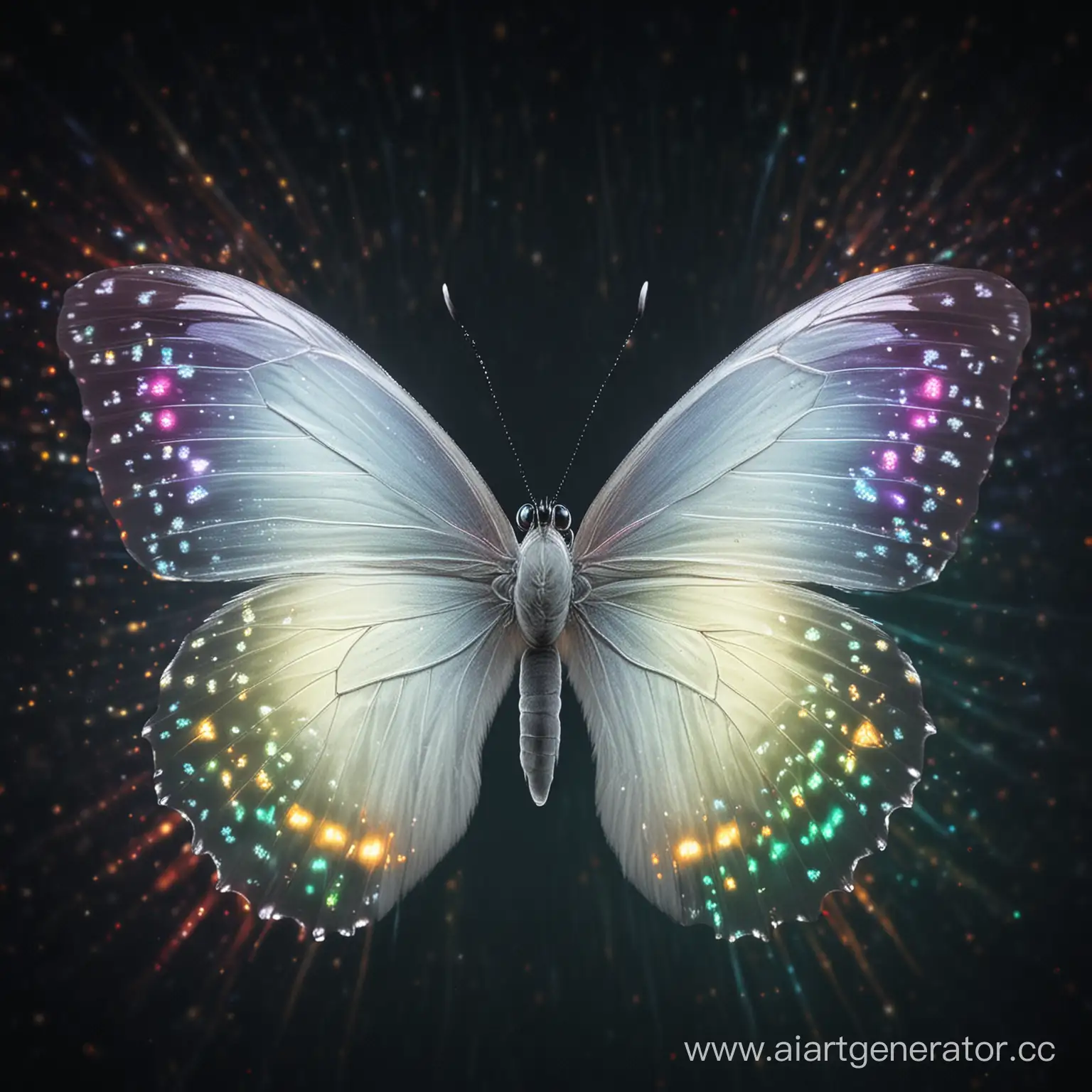 White-Butterfly-Flying-Towards-Multicolored-Lights-in-the-Dark