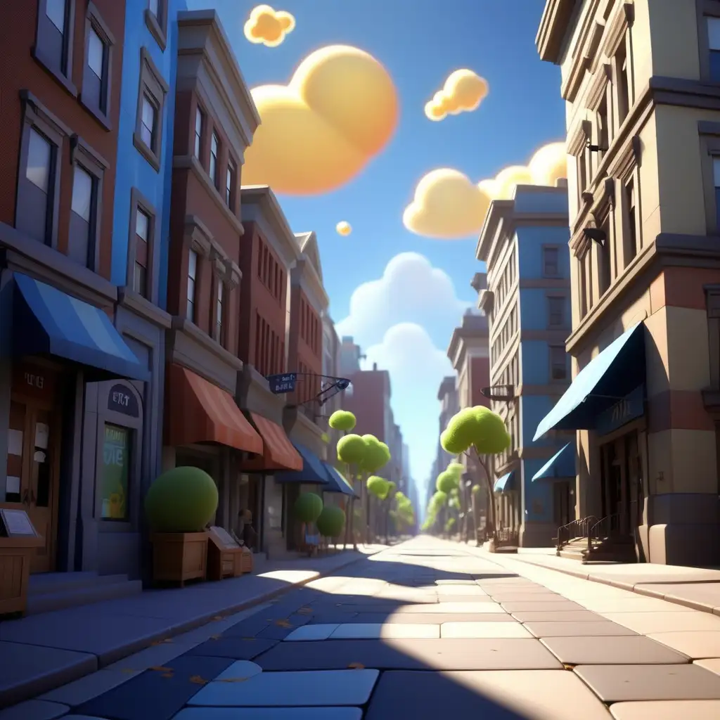 pixar style city street with sunshine and blue sky