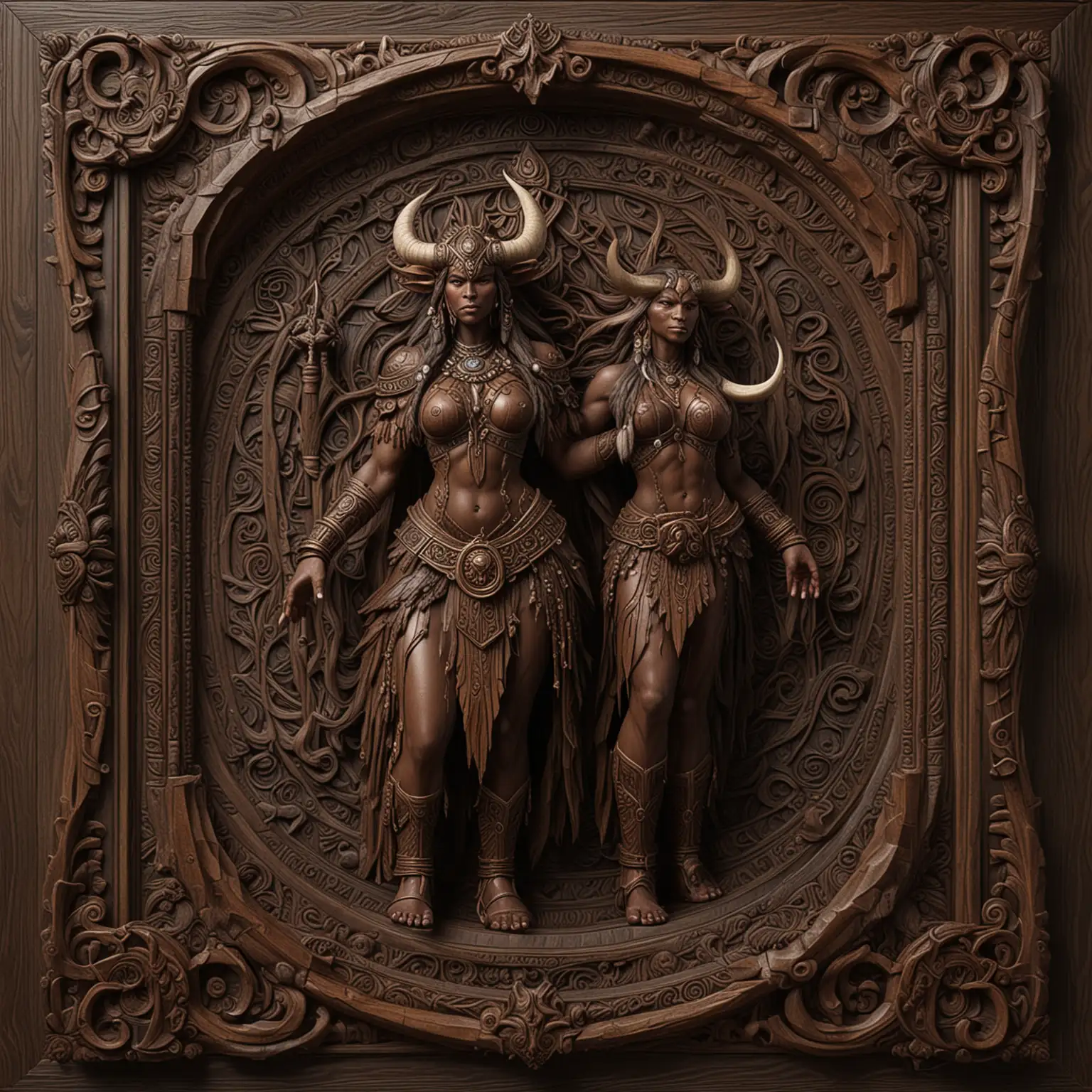 seamless 3d highly detailed and  carved dark wood panel with dark wood ornate frame with the theme of a female tauren shaman full length body from world of warcraft




