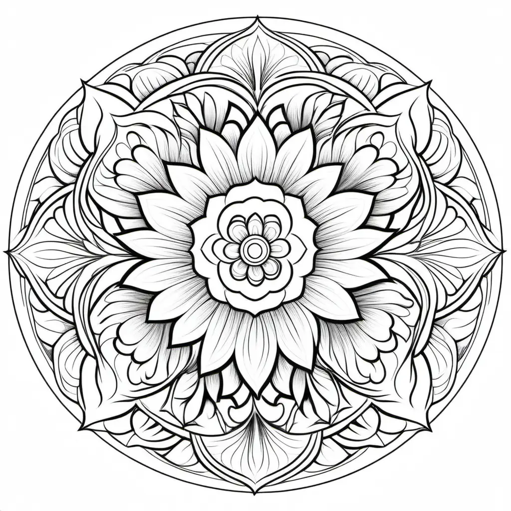 Floral Mandala Coloring Page with Symmetric Petals and Diverse Flowers