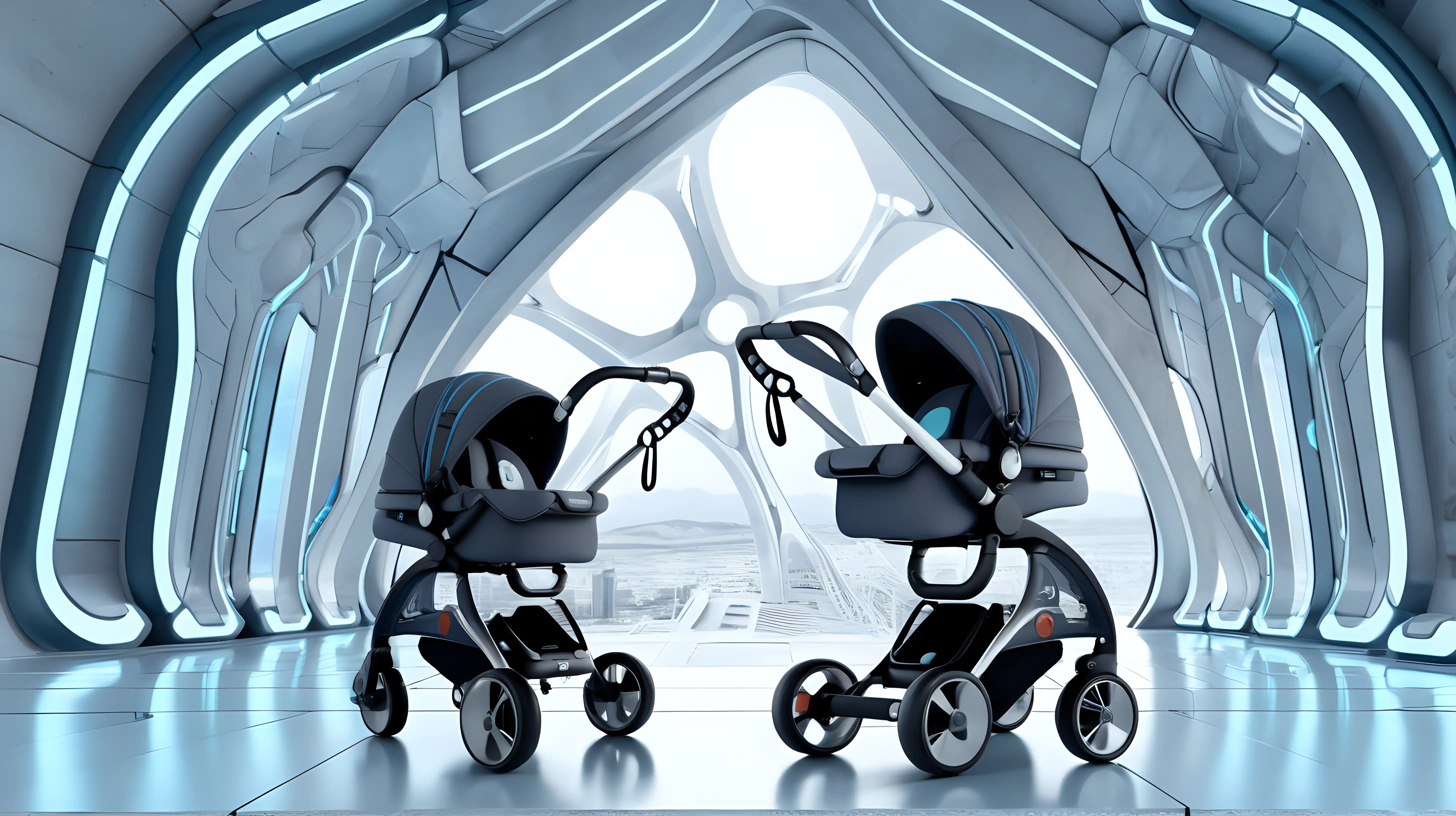 futuristic stroller set in a futuristic architectural background