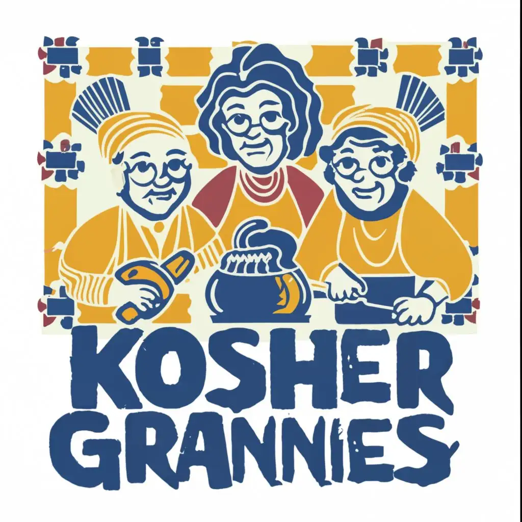 logo, Israel, yellow, blue, white, Jewish food and grannies cooking, Paul Klee, with the text 'Kosher Grannies', in Portuguese tiles, typography, be used in Automotive industry