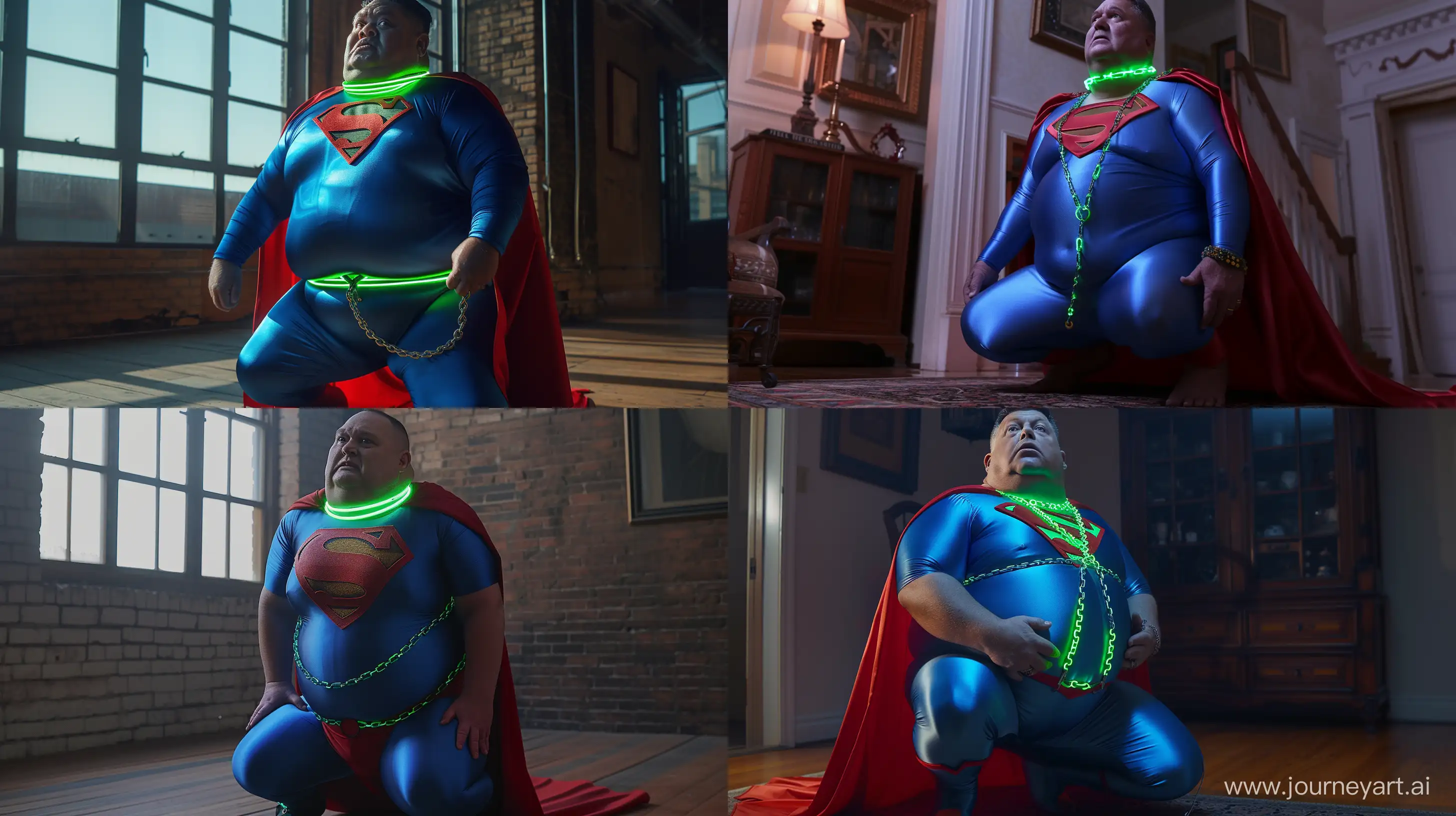 Elderly Superman Kneeling in Neonlit Interior | Midjourney Prompt