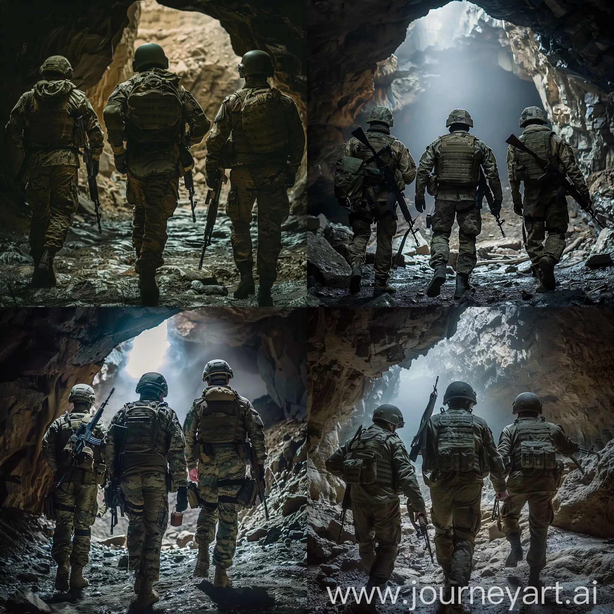 Three soldiers wearing military uniforms, helmets and sleeves, holding Kalashnikov weapons.  They walk behind each other in a dark cave, at the end of which is an opening through which light enters.back view