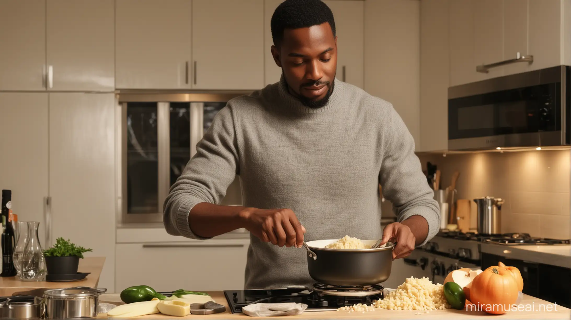 a black man in his kitchen at home cooking risotto on the stovetop in the evening