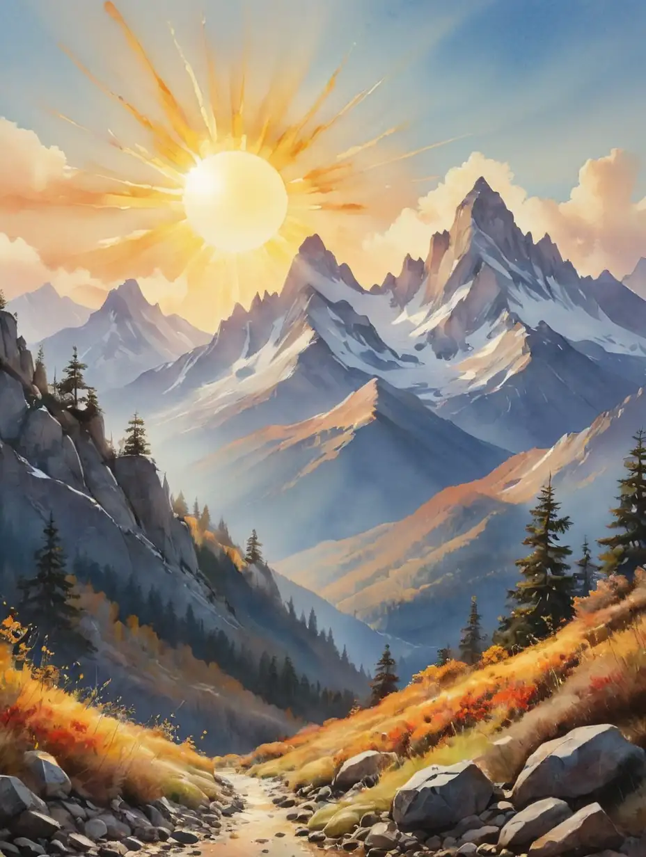 Serene Watercolor Mountains Bathed in Sunlight