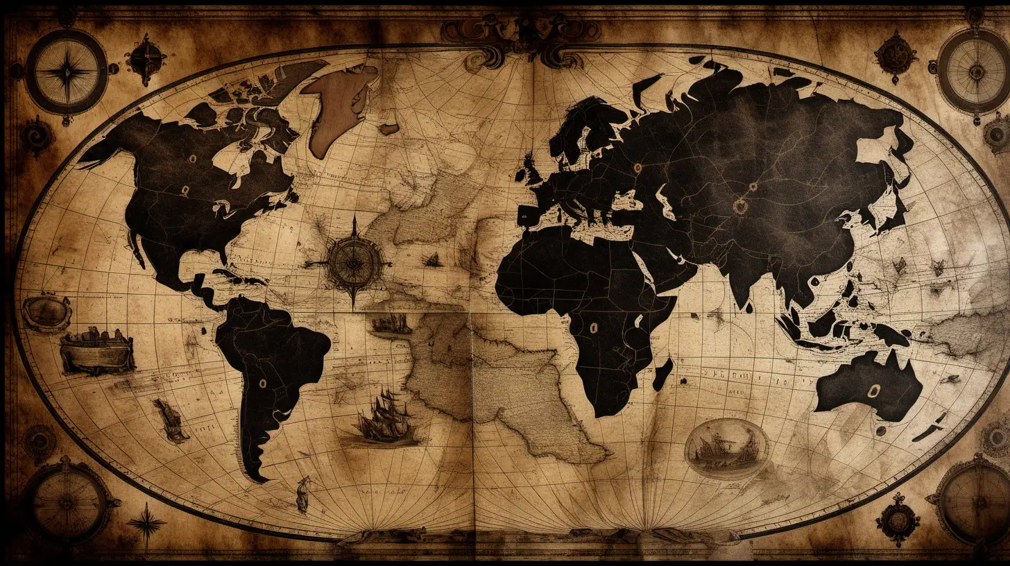 old world map. brown and black, wethered looking 