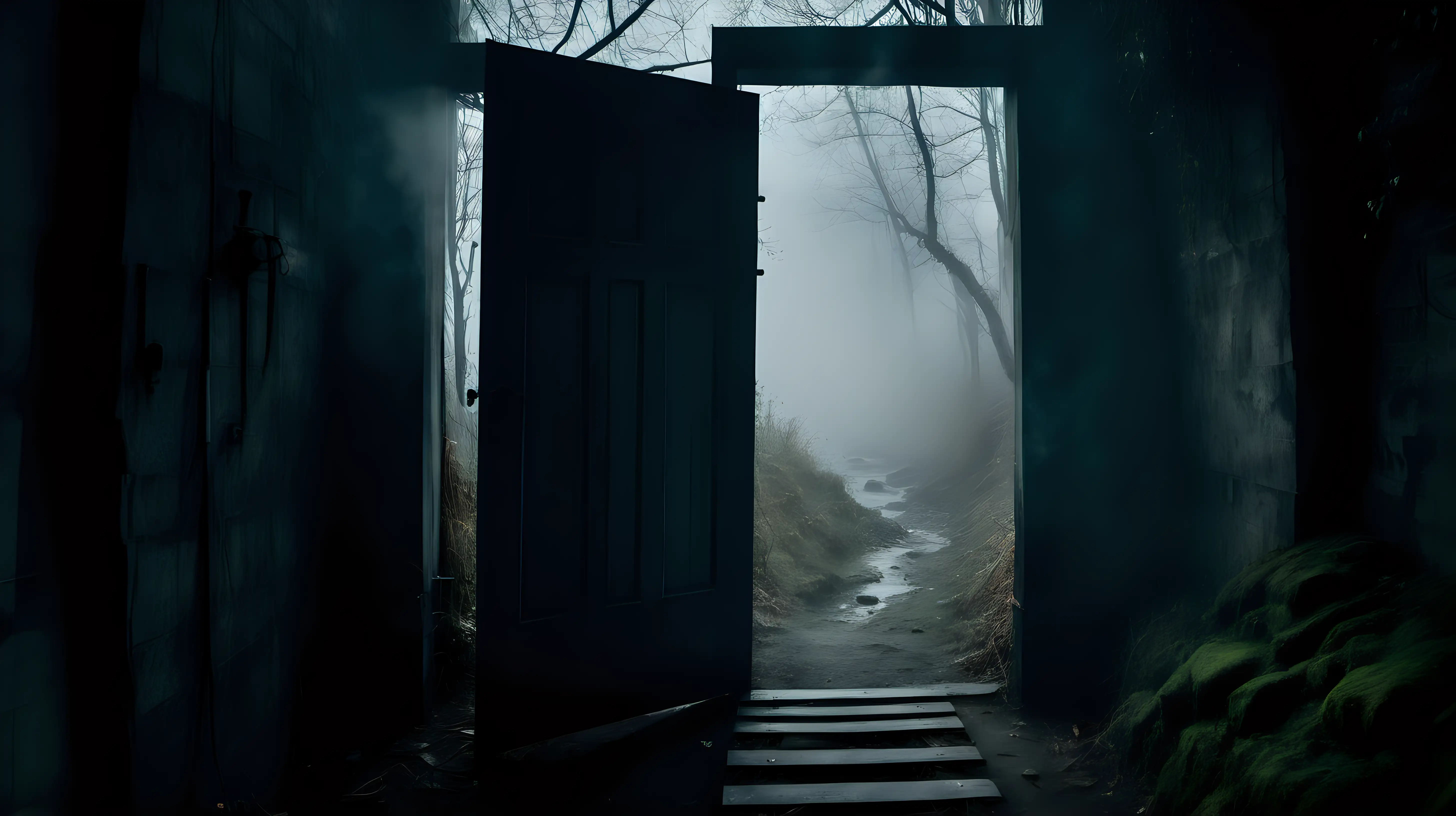 a shadowy door in a poorly light alley way with misty forest, river behind the door, adventure