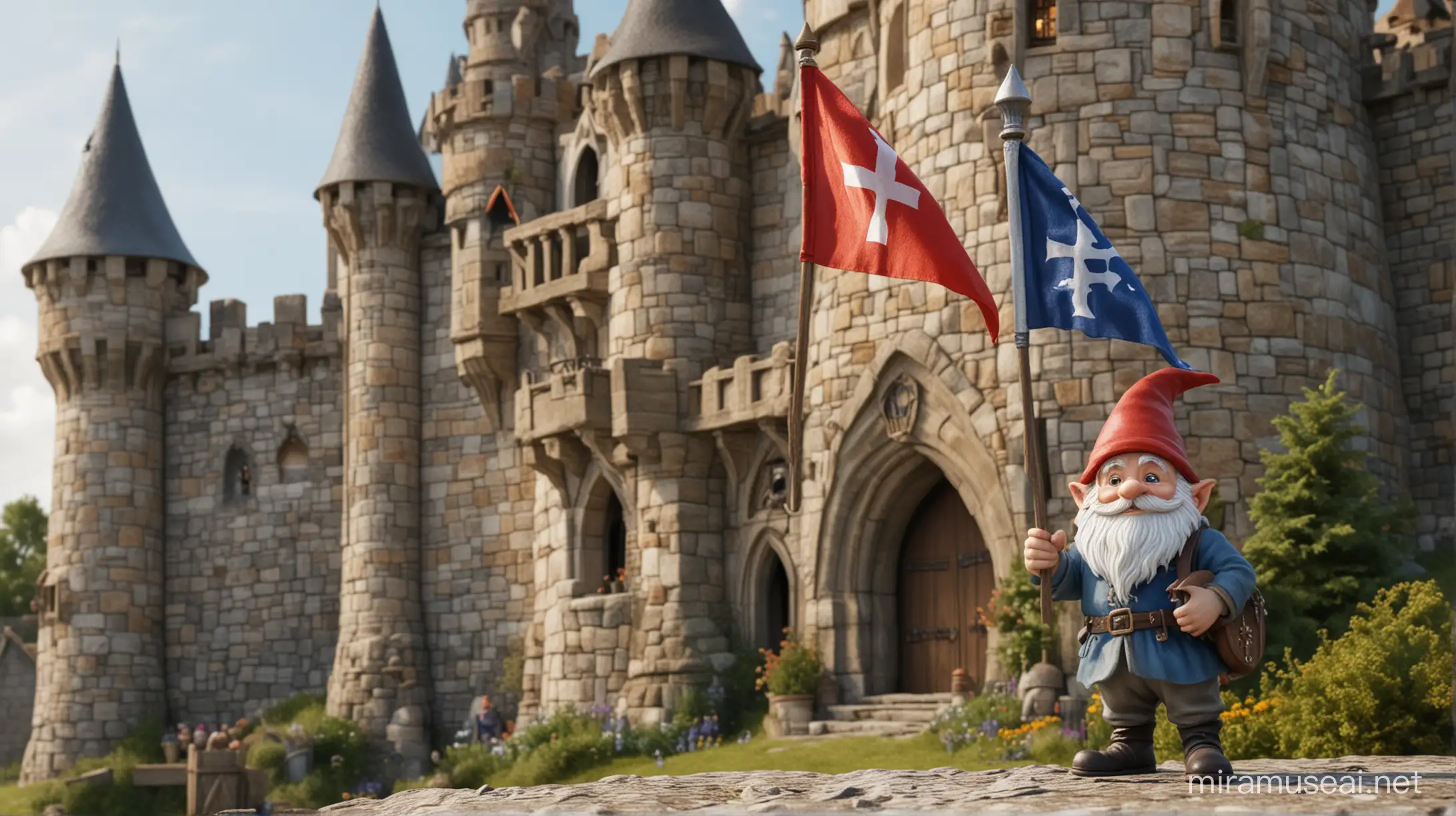 A gnome is holding a castle flag