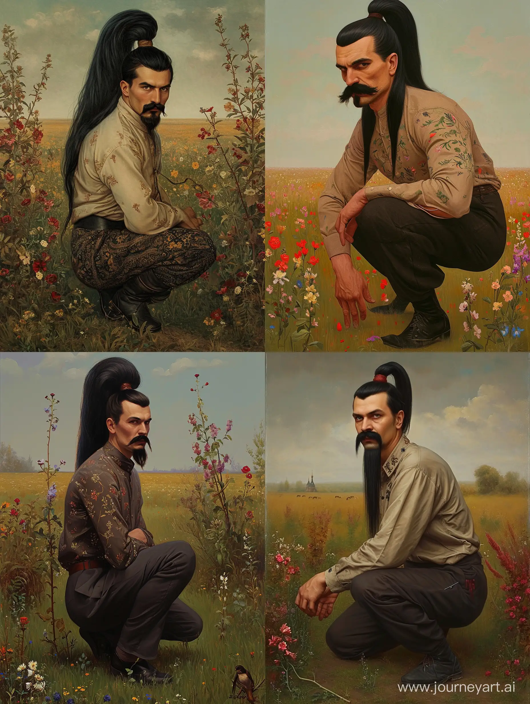 a Russian Russian fairy tale, a man with a black mustache, long black hair, high ponytail of hair on the head, the body of a strong and sturdy man, bright dressed in a shirt and trousers, The man is squatting, folk Russian patterns, stands against the background a field with flowers, fantasy, gloomy, full-length, hyperrealism