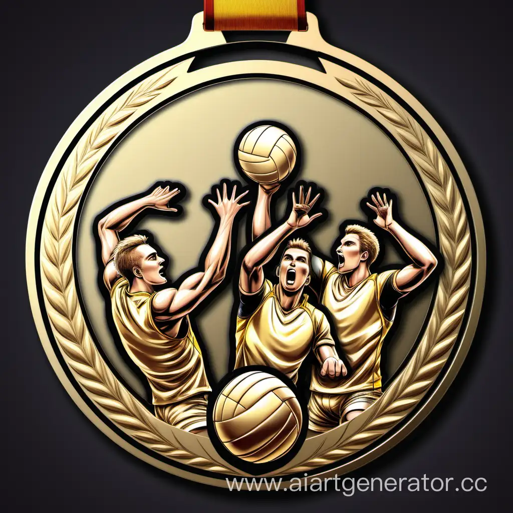 Создай круглую наклейку на медаль соревнований по волейболу, на ней должны быть изображены волейболисты мужчины без надписей