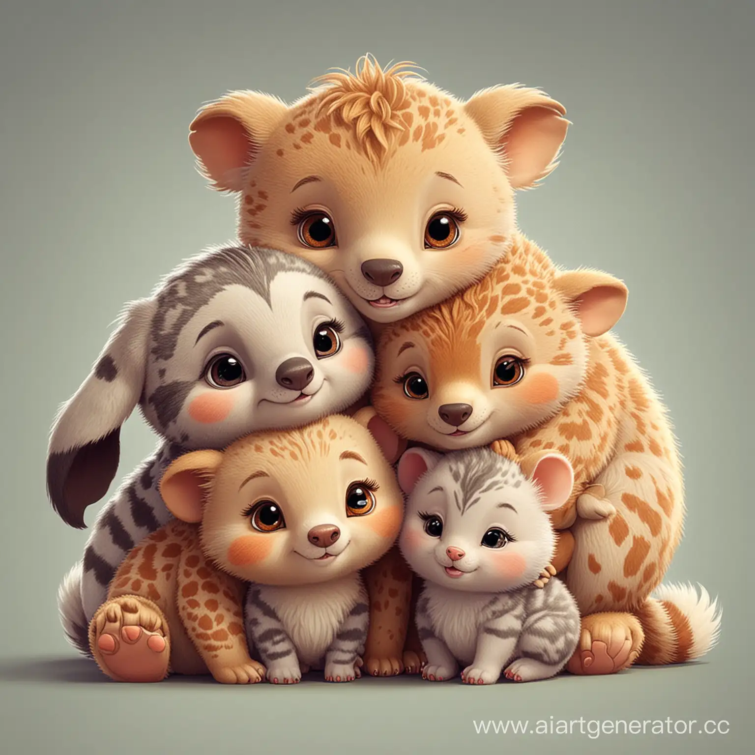 пять милых мультяшных добрых разных животных обнимаются 