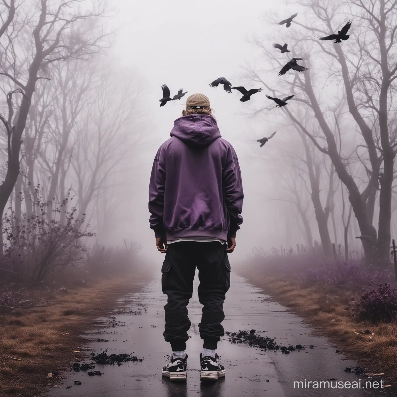Blonde Man in Misty Twilight Surrounded by Crows