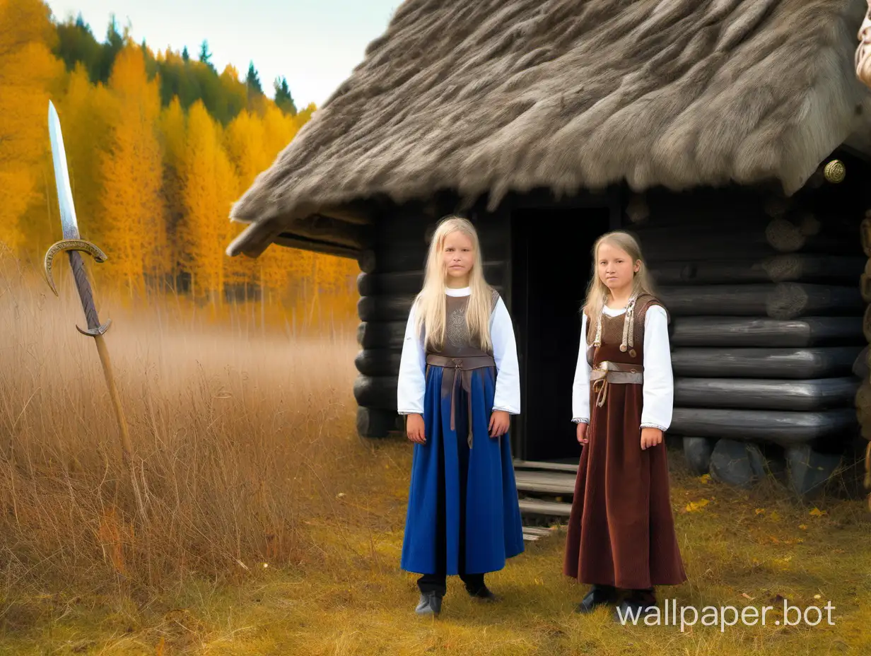 two Norwegian girls, 11 years old, Vikings, next to a wooden house in a clearing under the blue sky on a warm autumn day