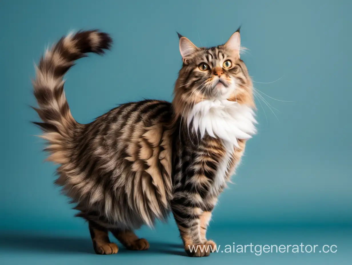 Fluffy tabby cat standing with fanned tail
