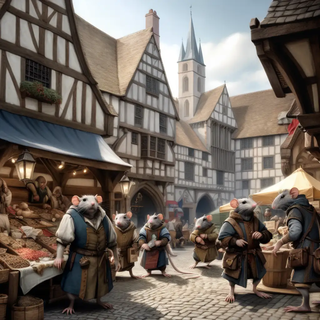 a dirty rag covered rat men in a market square with medieval tudor style streets, dnd 