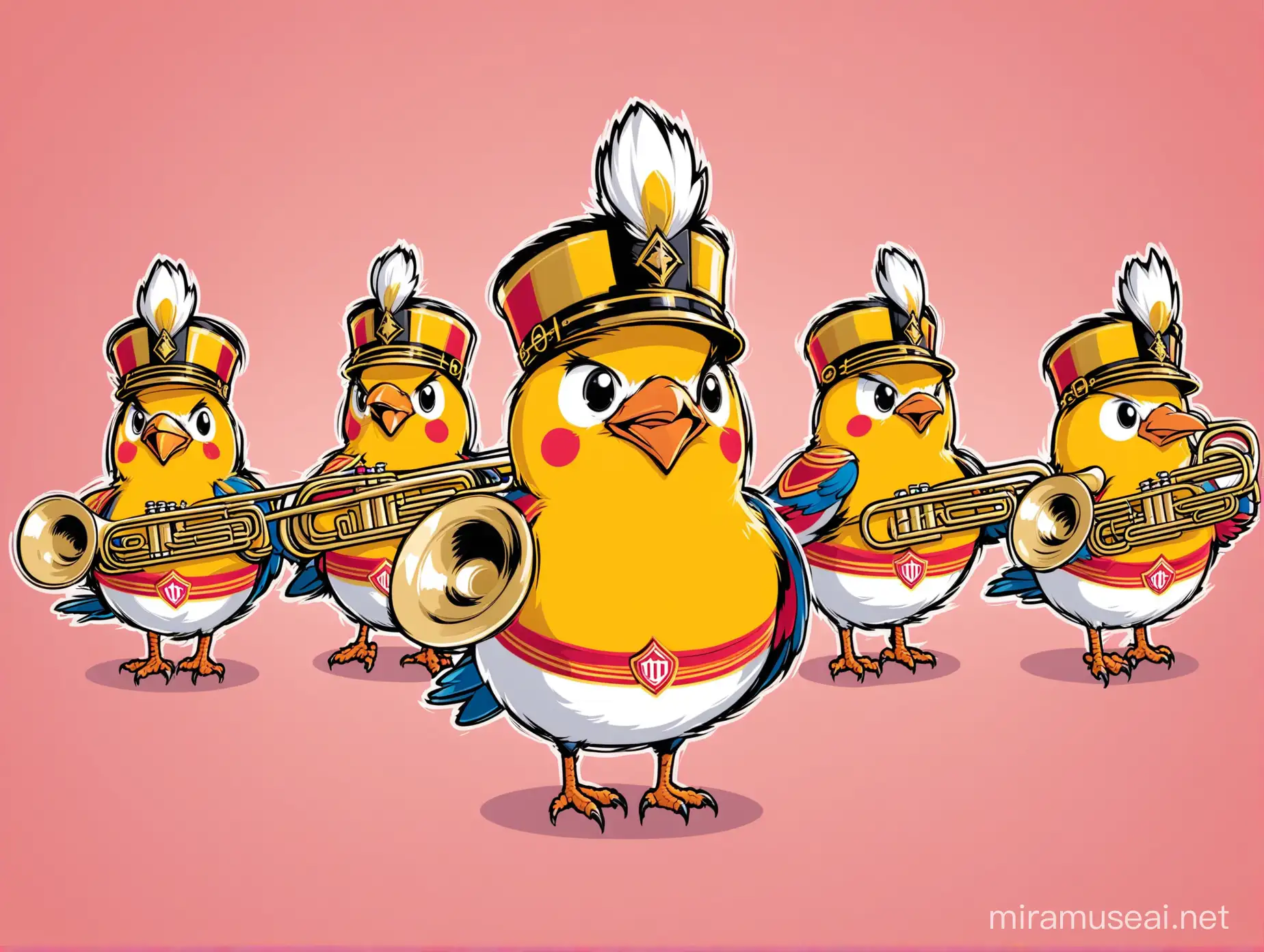 Colorful Bird Mascot Leading a Spirited Marching Band Parade