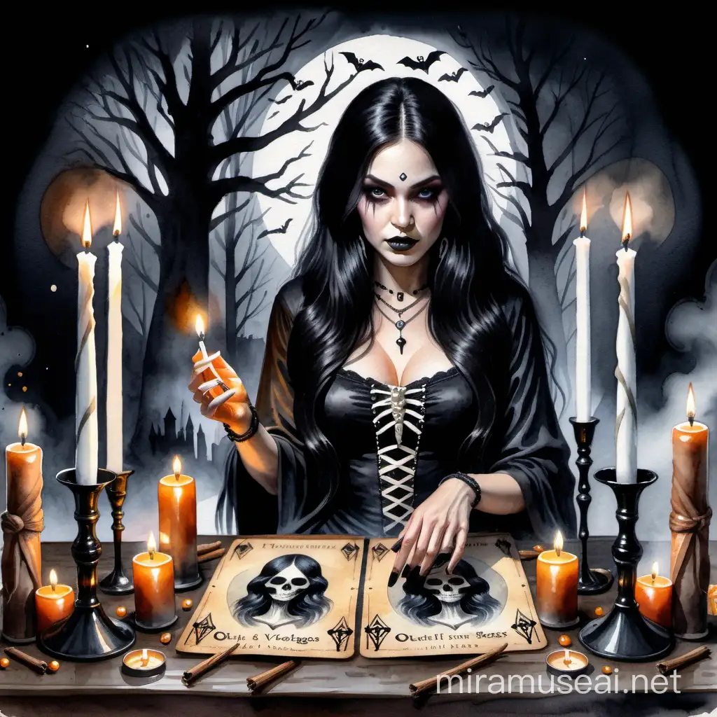  realistic vintage watercolor painting clipart, hoodoo voodoo, talismans and occult, witchcraft; dark magic, gothic woman with long black hair casting spells with candles, tarot cards, bones and other occult items, halloween, dark, scary, evil, gothic  Suggestions