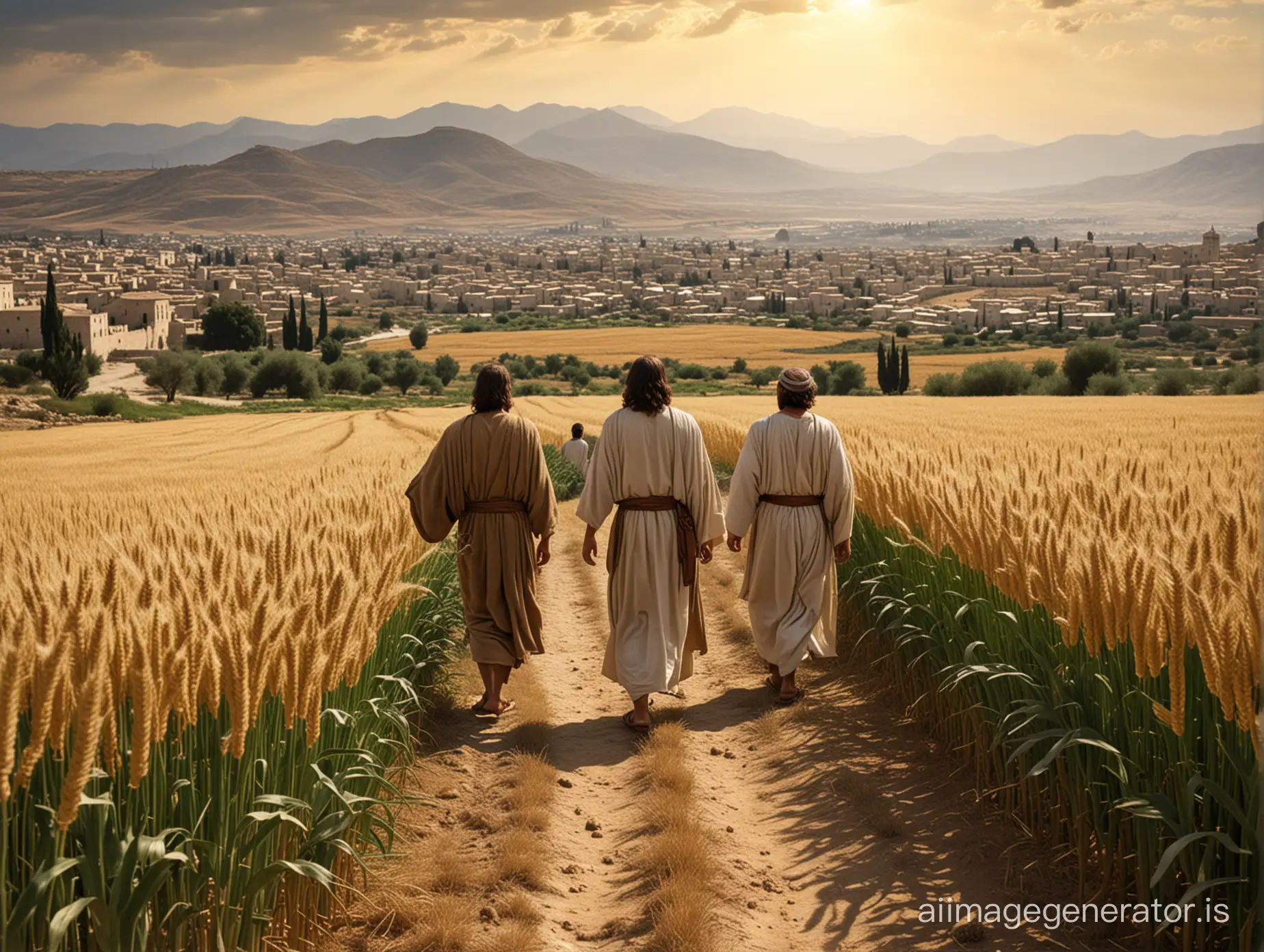 Jesus walks through a wheat field with his disciples. In the background the mountains and the old town of Judea in Palestine from the 1st century