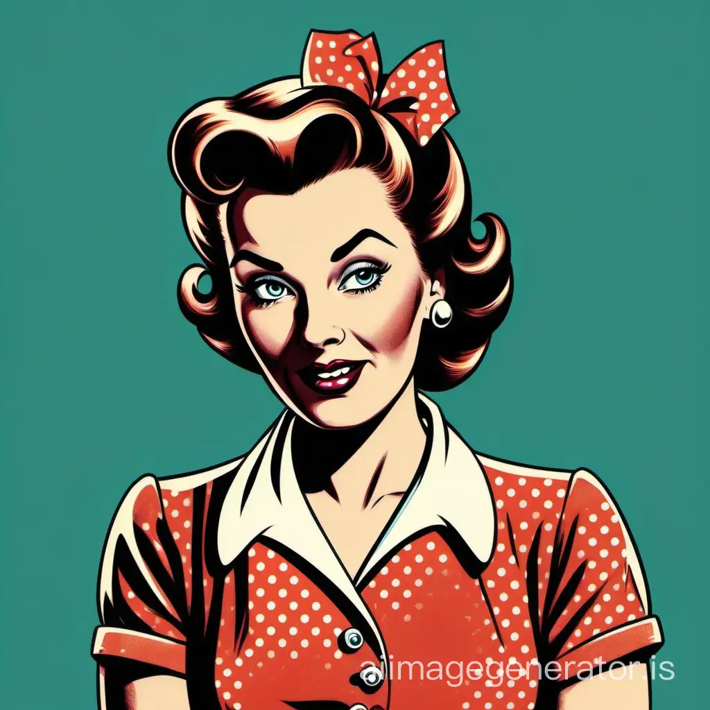 1950s retro housewife with sarcastic expression, pop art illustration style with strong outlines and realistic, we defined details.