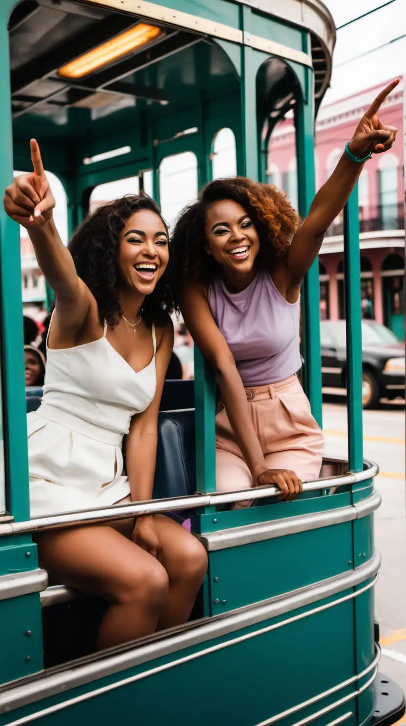 two young women riding in a street car smiling and pointing at busy street of modern New Orleans.