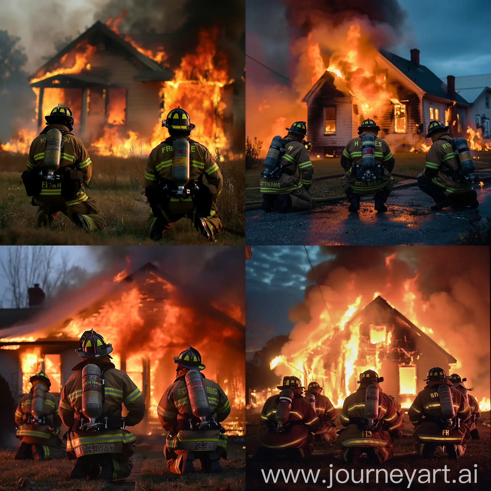 des sapeurs pompier s'agenouillent devant une maison en feu pour rendre hommage