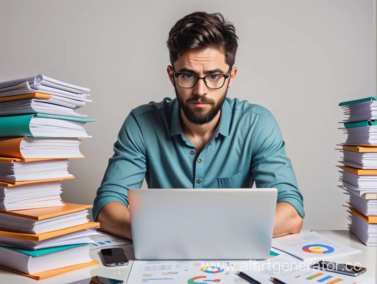 Young-Caucasian-Man-with-Glasses-Searching-on-Laptop-Surrounded-by-Papers