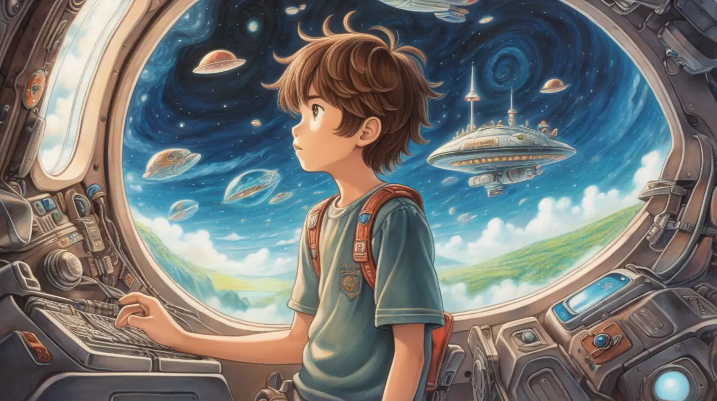 a boy with brown hair, beauiful illustration of fantasy, wonderland, in an spaceship, soothing, dark, dreaming, music, amazing detailed game poster, Hayao Miyazaki --ar3:2 --niji 5