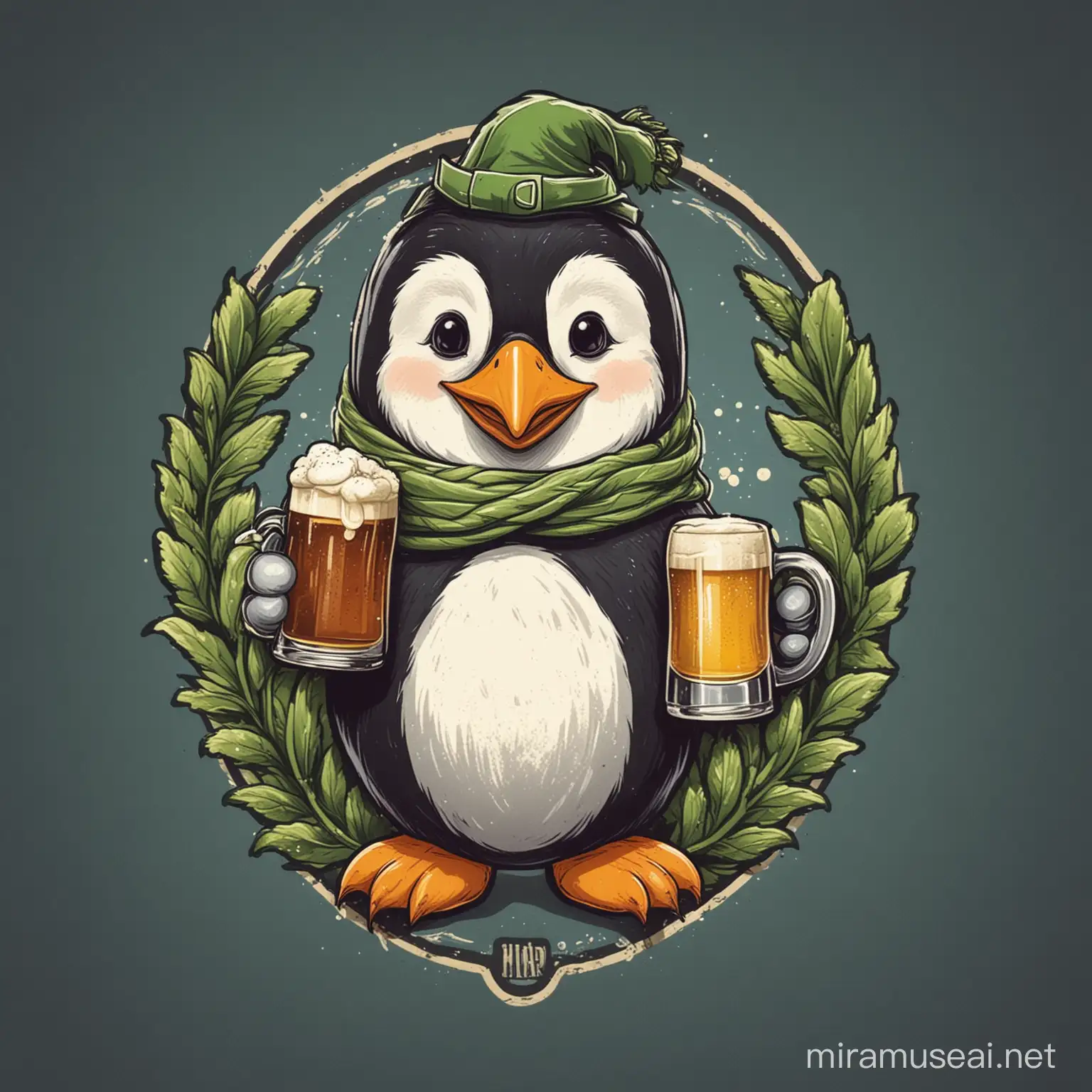 Confident Penguin Mascot with Hop and Frothy Beer Mug