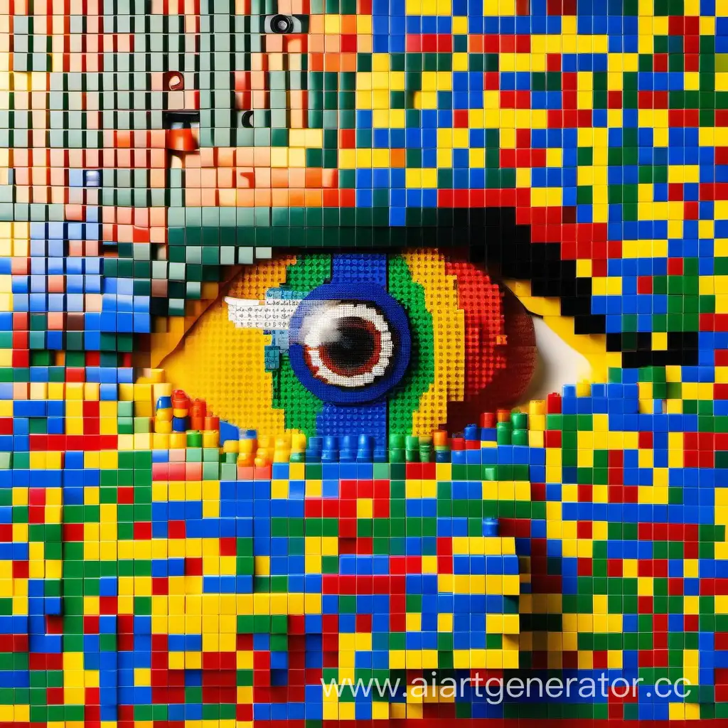 огромный яркий человеческий глаз, составленный из разноцветных кубиков lego, смотрит прямо на меня