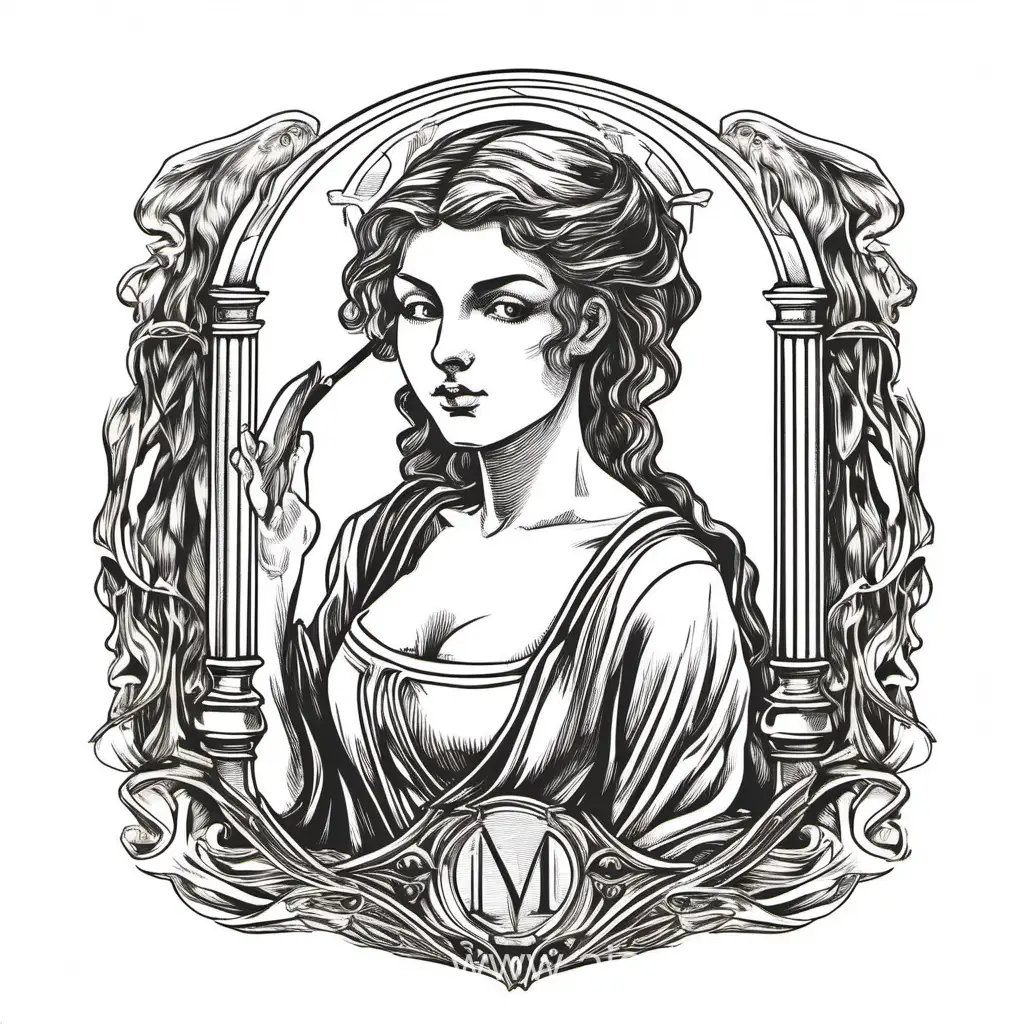 Exquisite-Exlibris-Illustration-of-a-Maiden-on-a-Pure-White-Background