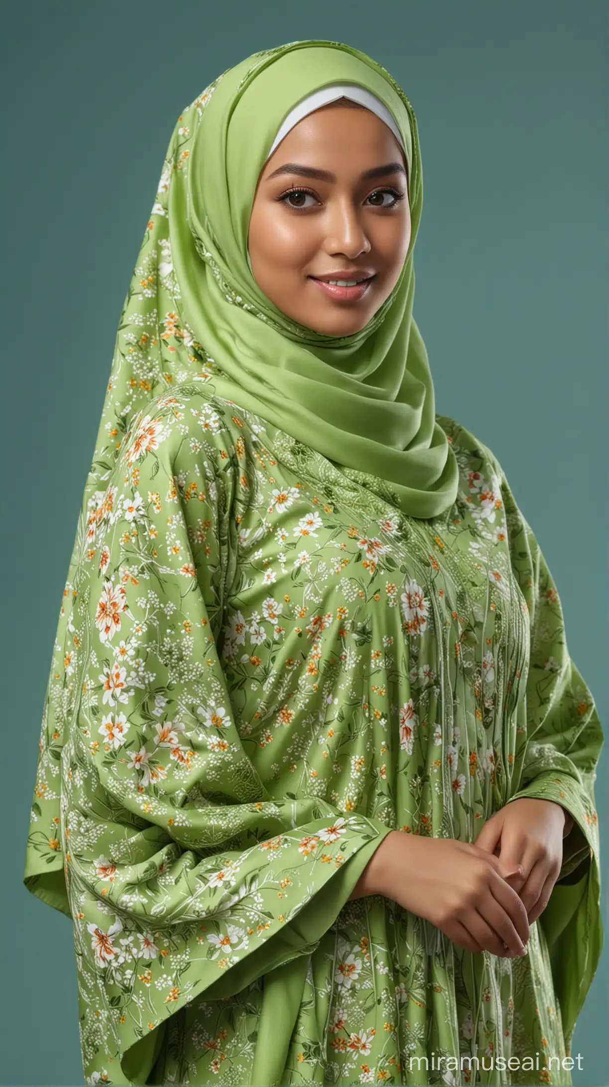 Professional photography, 3D, HDR, 16K UHD, full body shot, create a highly detailed photorealistic image of a young beautiful Malay female in fully hijab cover whole body, looking elegant with soft gentle smile in a lime green baju abaya with flowery pattern design, face facing frontview, hand outstretched, ultradetailed, ultra HD, high resolution, blue background
