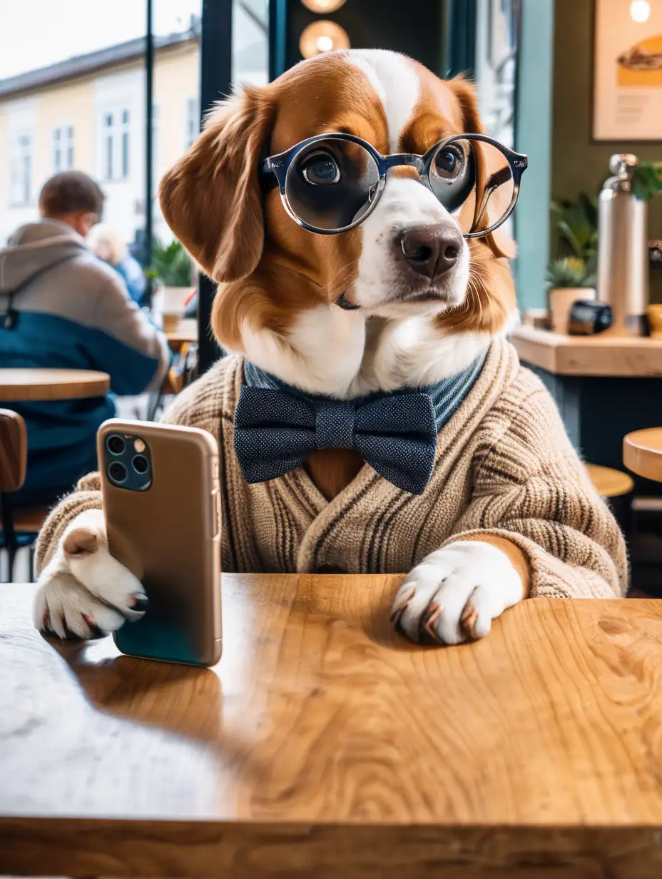 Cute DanishSwedish Farmdog in Round Glasses Enjoying Modern Coffee Shop Vibes