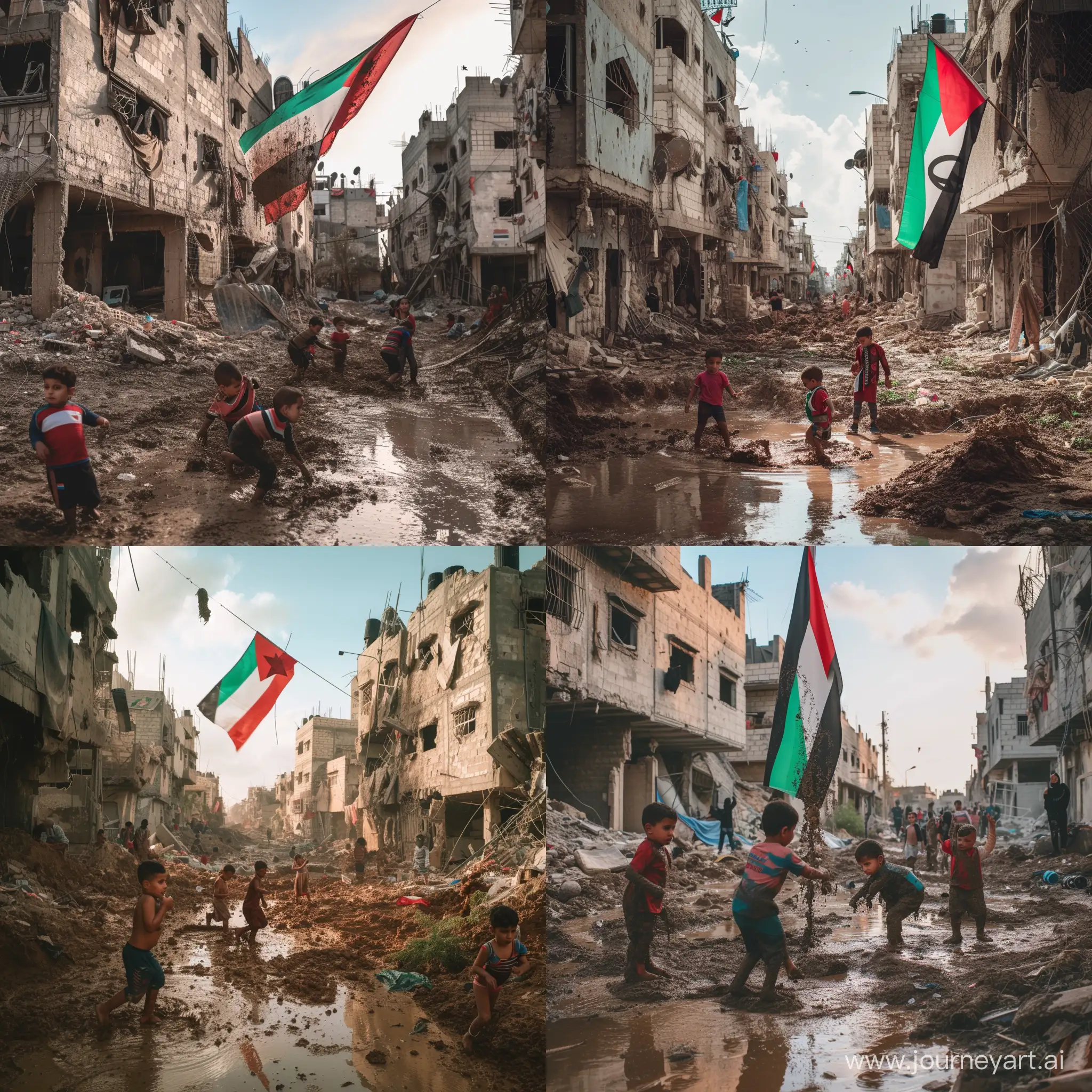 Gaza, Palestina, la foto está bañada por luz natural, edificios arrasados por las bombas, niños jugando en el barro, bandera palestina colgada sucia, configuración diurna, disparo en 4k con una cámara DSLR de alta gama como una Canon EOS R5 con objetivo de 50mm, f/1'2, vitalidad