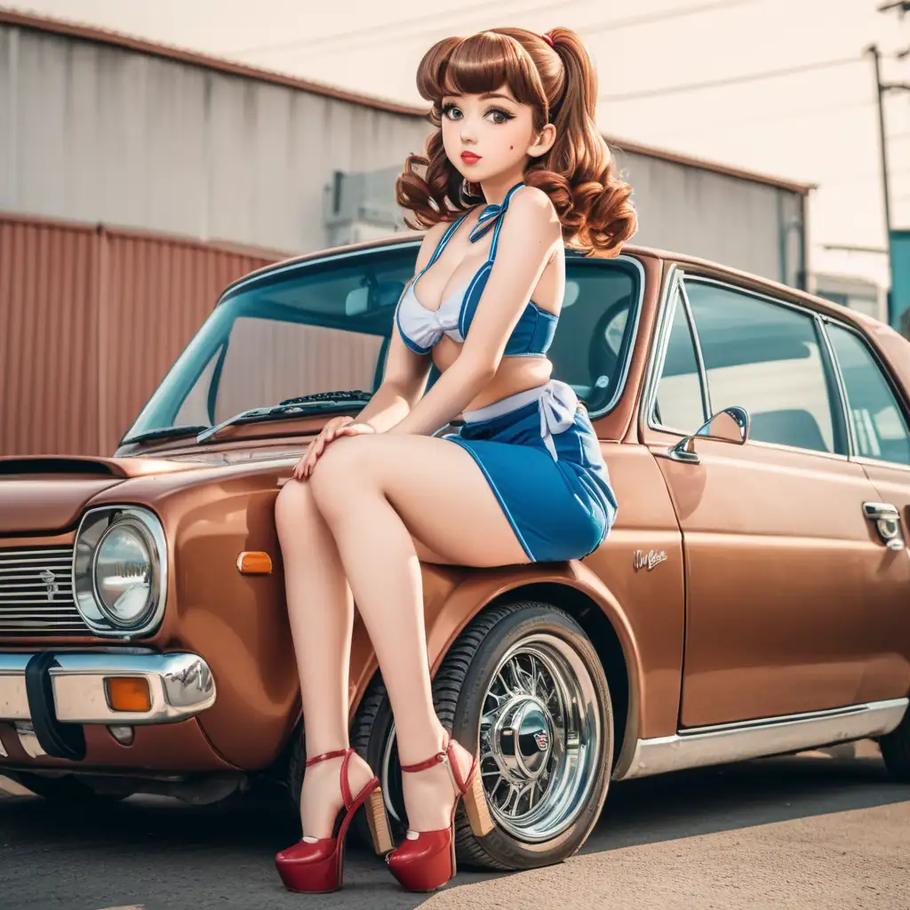 anime girl looking like a pinup  with brown hair sitting on a collection car